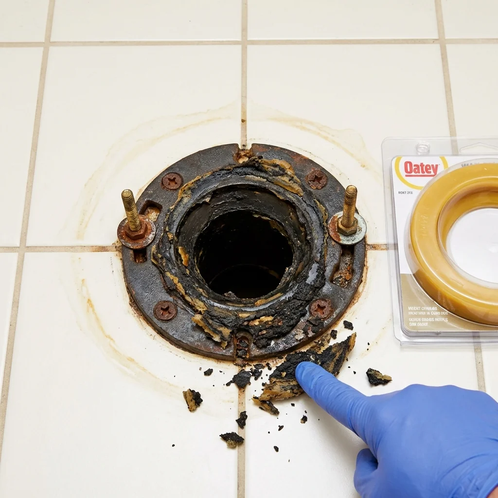 Failed wax ring showing water seepage at the base of a toilet in a Williamsburg, OH home