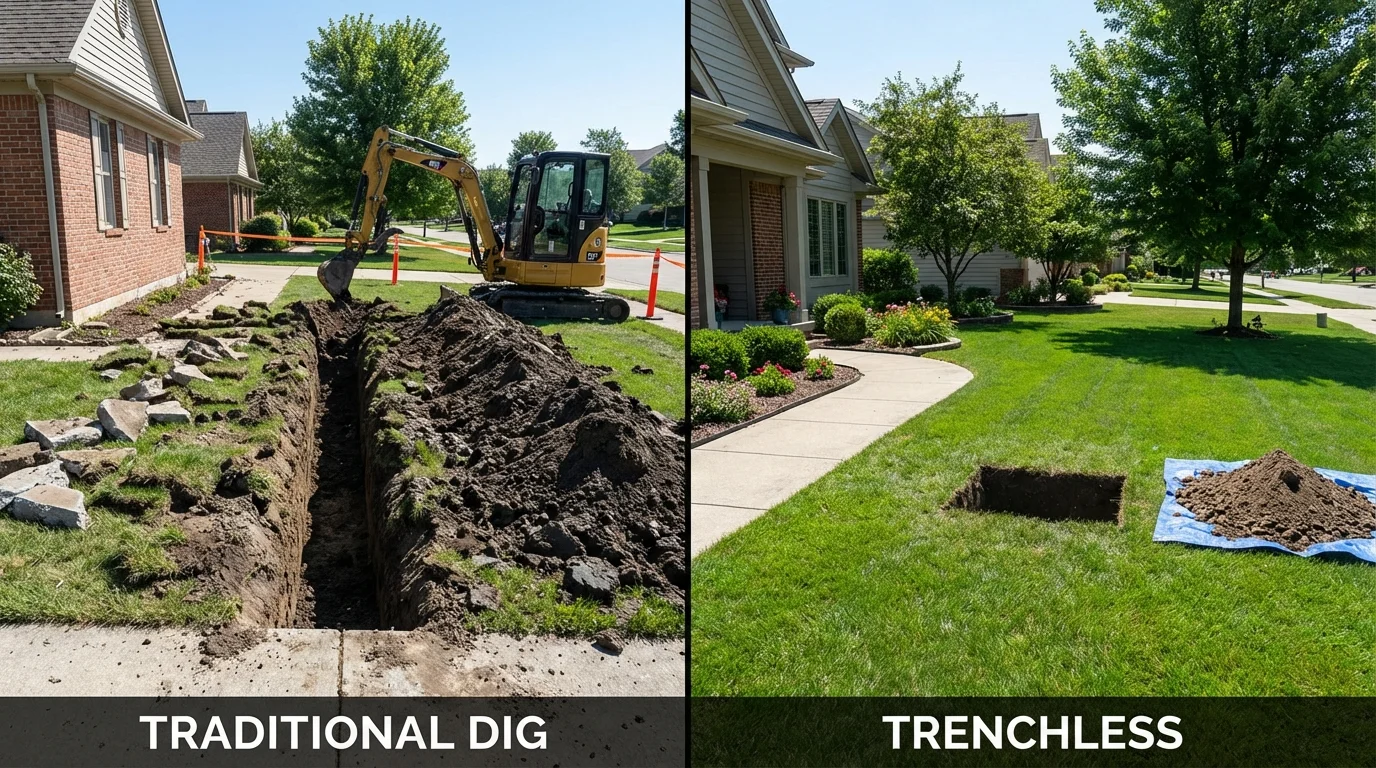 Trenchless sewer repair with minimal yard damage versus traditional excavation in Williamsburg, OH